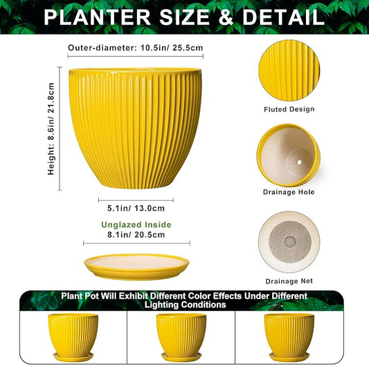 Ceramic Planters for Indoor Plants, 10 Inch Plant Pot Indoor with Drainage Hole and Saucer, Modern Large Flower Pots for Indoor Plants, Round Planter, Home Garden Decor, Gardening Gifts, Yellow