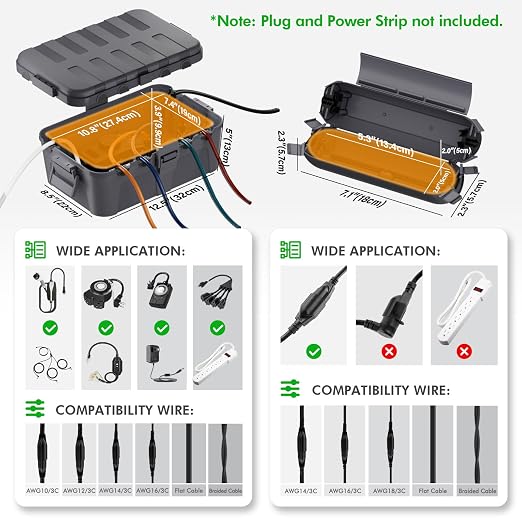 RESTMO 5-Piece Outdoor Waterproof Electrical Box Set – 12.5" x 8.5" x 5" Large & 7.1" x 2.3" x 2.3" Small, Weatherproof Boxes for Power Strip, Outlet, Plug, Socket, Timer, Holiday Light, Gray
