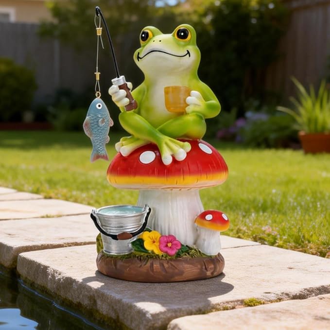 Solar Frog Garden Statue Outdoor Decor – Funny Fishing Frog Sitting on Mushroom, Gardening Gifts for Women, Mom, Grandma, Birthday, Housewarming, Christmas, Resin, 8.27" H