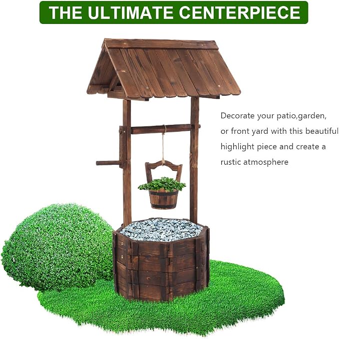 Wishing Well for Outside - Garden Wooden Decor Rustic Wishing Well Flower Pots, Height Adjustable Hanging Plant Pots with 2 Reinforced Rods for Patio Lawn Backyard Home Planters (Brown)