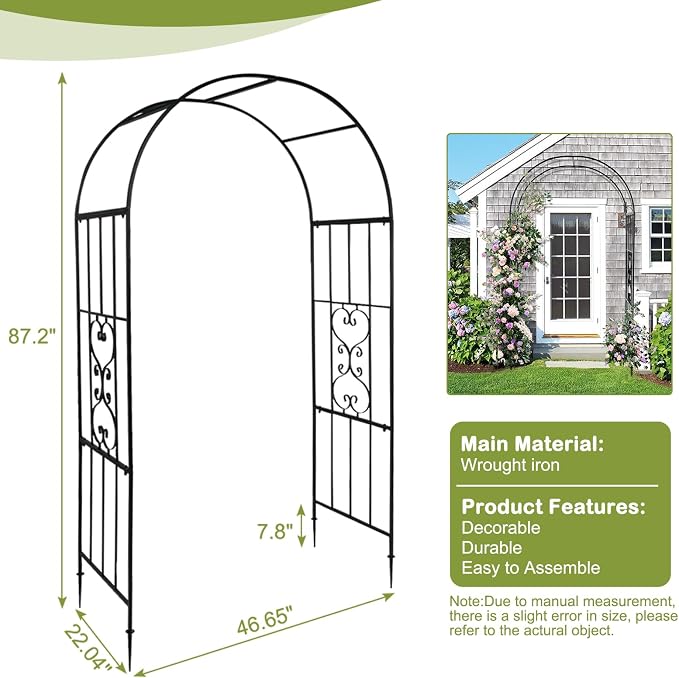 Outvita 7.3FT Black Metal Garden Arch Arbor Trellis for Climbing Plants | Heavy duty decorative archway with ground stakes, outdoor vine support decor for lawn, patio, wedding & party decoration