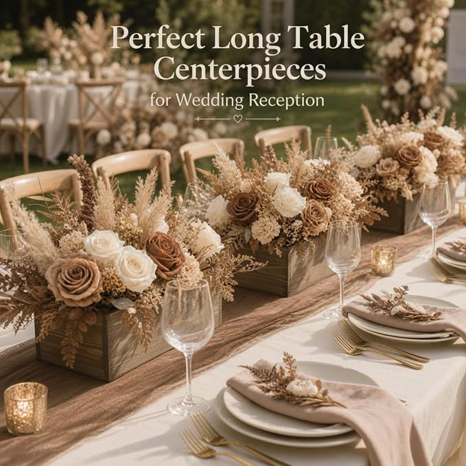 Dandat 8 Set Wood Boxes for Centerpieces 12x4 Inch Rectangle Wooden Planter Box Rustic Wooden Planters with Removable Plastic Liner Floral Foam Blocks for Christmas Wedding Home Garden Decor(Brown)