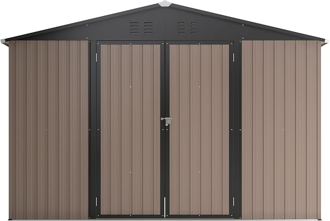 YOPTO 10 x 10 FT Outdoor Storage Shed,Heavy Duty Tool Sheds Metal Storage Garden Shed with Sloped Roof and Lockable Doors,Large Metal Storage Sheds for Backyard Patio Lawn, Brow