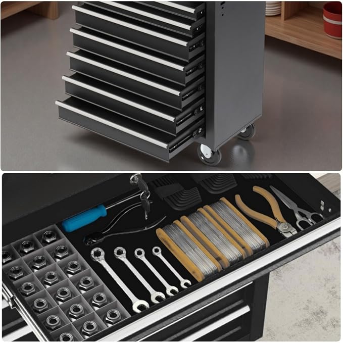 Tool Chest, 7-Drawers Rolling Tool Box with Rotate Handle & Wheels, Lockable Multifunctional Tool Cart, Suitable for Garages, Workshop, Warehouse,
