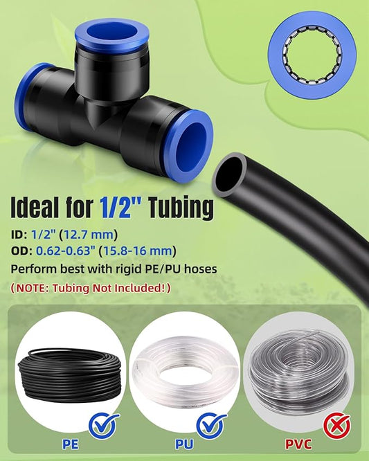 Pawfly 15 Pcs Quick Connect 1/2" Drip Irrigation Tee Fittings for 1/2 Inch Irrigation Tubing (1/2" ID x 0.62-0.63" OD), Push-to-Fit 3-Way Tee Connectors, Anti-Leak Drip Irrigation Parts