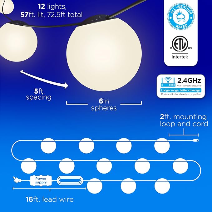 Enbrighten Vibe Sphere Outdoor String Lights, 57ft, 12 RGBWIC Bulbs, 6in Extra Large Spheres, Waterproof, Patio, Backyard, Gameday, Holiday, Smart App, Compatible with Alexa, Google Home, 85976