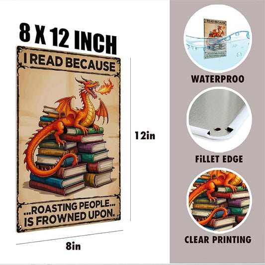 mmiishe Retro Dragon Wall Art Vintage Metal Sign Dragon Gifts for Women Men Book Lovers Funny Wall Decor For Bedroom Cafe Library 8x12 Inches Birthday Anniversary Decoration Retro