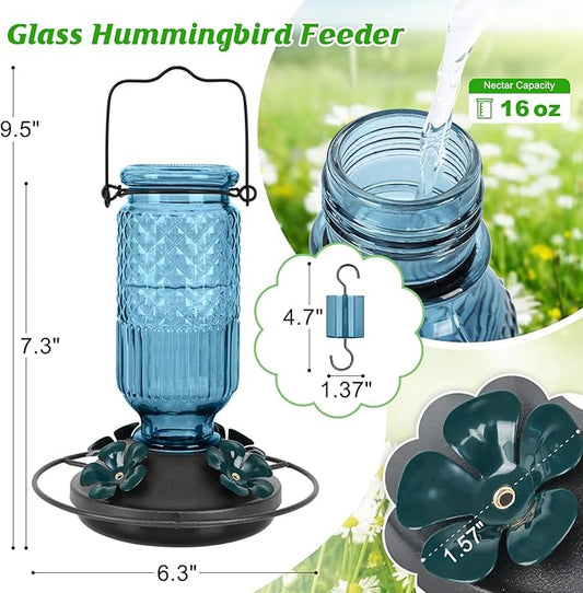 FEED GARDEN Glass Hummingbird Feeder for Outdoors Hanging, 16 OZ Humming Bird Feeders with 4 Bee Guard Feeding Ports & Built-in Ant Moat, Hummingbird Gifts for Mom Bird Feeder for Outside, Blue,2 Pack