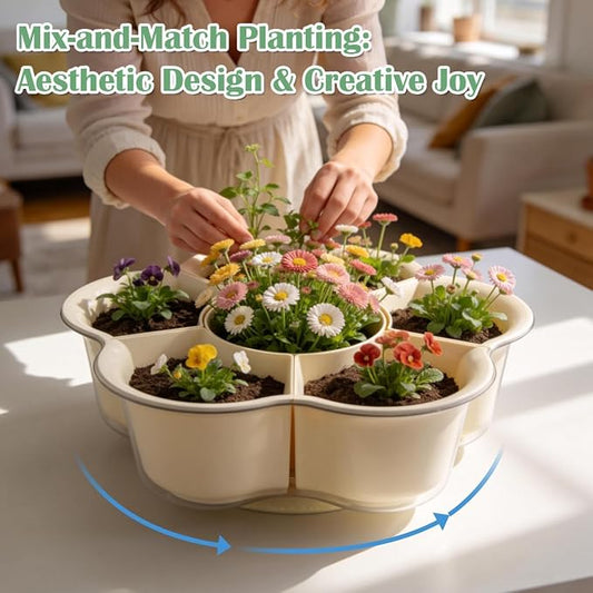 BTPLASTIK 2-Pack 14 inch Rotating Flower Pots with Drainage Holes & Clear Saucer - Plastic Plant Pots Large Succulent Pots for Cactus Herbs Indoor Gardening Gift, 6-in-1 Small Bonsai Nursery Pots