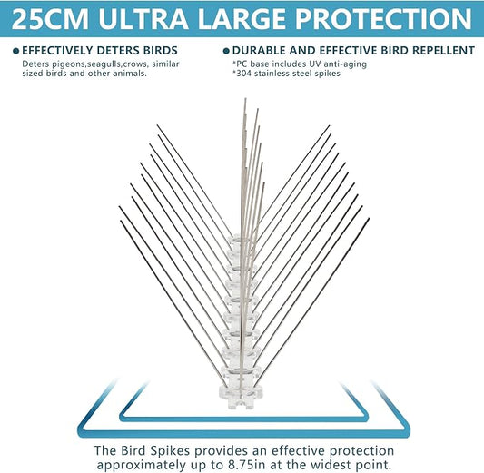 Bird Spikes 16.4FT, 304 Stainless Steel Pigeon Spikes with Plastic Base for Gardens Outdoor, Keep Seagull Pigeon Away Birds Scarer Devices 20PACK