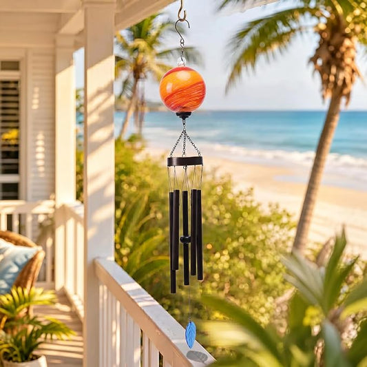 MUMTOP Solar Wind Chime for Outsides, 35" Glass Windchimes with Solar LED Lights Decorative Hanging Wind Bell for Porch Patio and Garden Decor, Orange