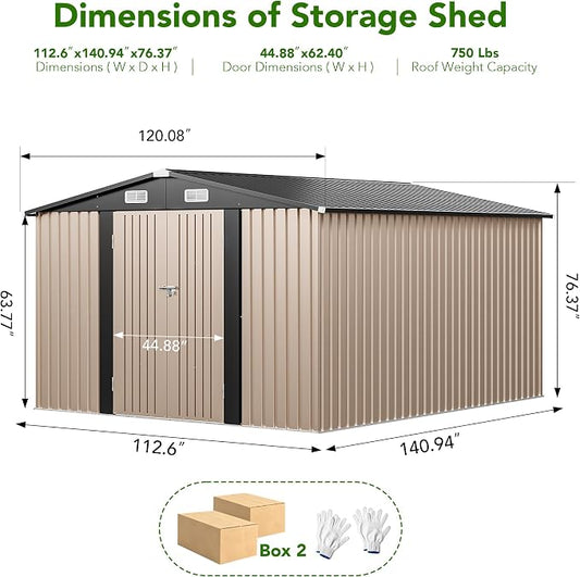 MXV 12 x 10FT Outdoor Storage Shed, Metal Garden Shed with Windows, Double Lockable Doors & Sloped Roof, Waterproof Tool Sheds for Backyard Garden Patio Lawn, Brown