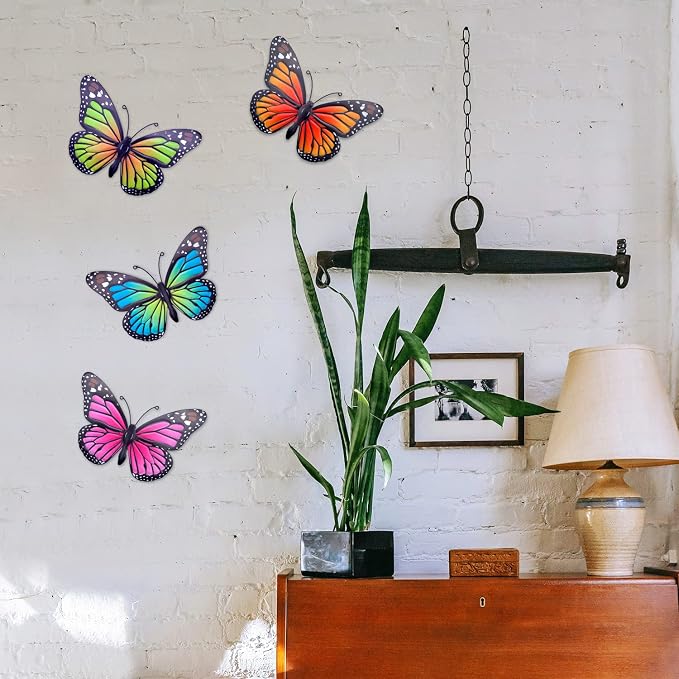 Metal Butterfly Wall Art - 4 Pack 9.8in Butterflies Wall Sculpture Hanging Decor for Outdoor and Indoor, Balcony Yard Patio Fence Garden Decorations