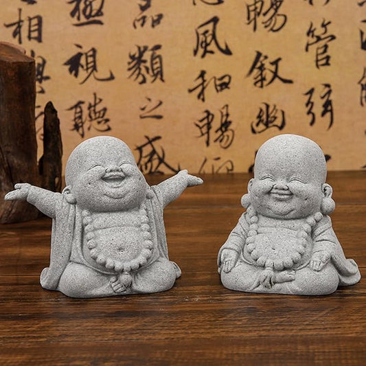 2Pack Buddha Sandstone Statues Zen Monk Buddha Statue Zen Garden Decor Zen Monk Praying Statue Sculptures Ornament for Wealth Good Luck Feng Shui Decor(Laughing Buddha)