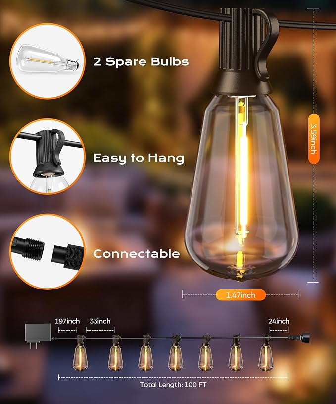 Outdoor String Lights 100FT Patio Lights for Outside Outdoor Ceiling Porch Light, Smart App andRemote with Timer Dimmable 4 Scene Modes Waterproof LED Bulbs for Garden Yard and Backyard Decor
