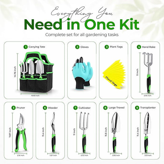Gardening Tools Set with Bag 8 PCS – Heavy Duty Stainless Steel Garden Hand Tools Kit, Ergonomic Non-Slip Handles, Rust-Proof, Includes 15 Plant Tags – Gardening Gift for Women & Men