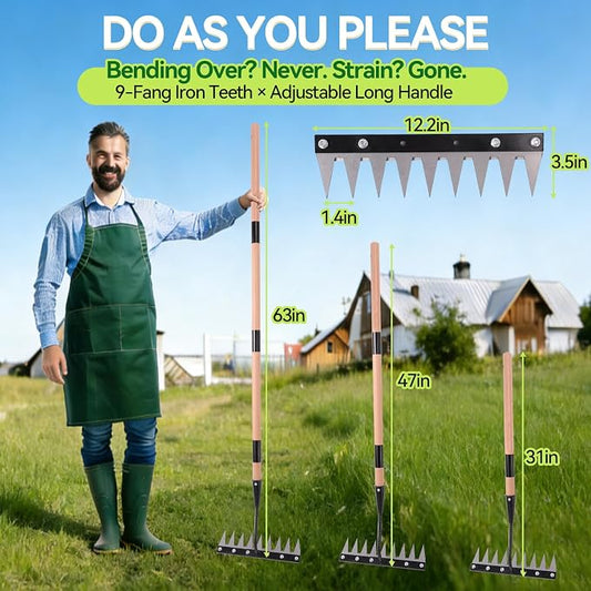 Gardenia 9-Tine Iron Weeding Rake, Heavy Duty Weed Puller for Garden Soil | Carbon Steel, 3 Adjustable Wooden Handle Lengths 31"-63", for Lawn, Yard & Farm Weeding, Soil Loosening, Debris Clearing