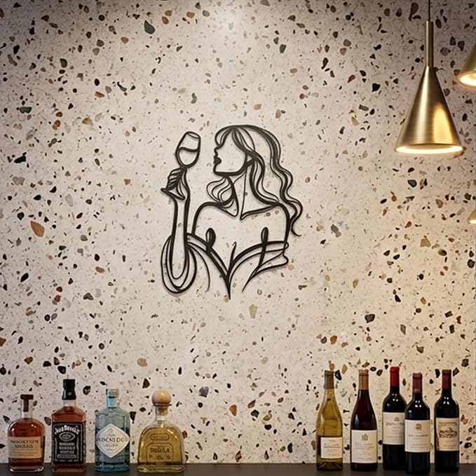 LIYAOLI 3D Metal Wall Sculpture Decor - Black Wall Art of Woman Drinking Wine, Waterproof Kitchen Line Art, Unique Modern Metal Art for Dining Room, Bar, Living Room, Bedroom