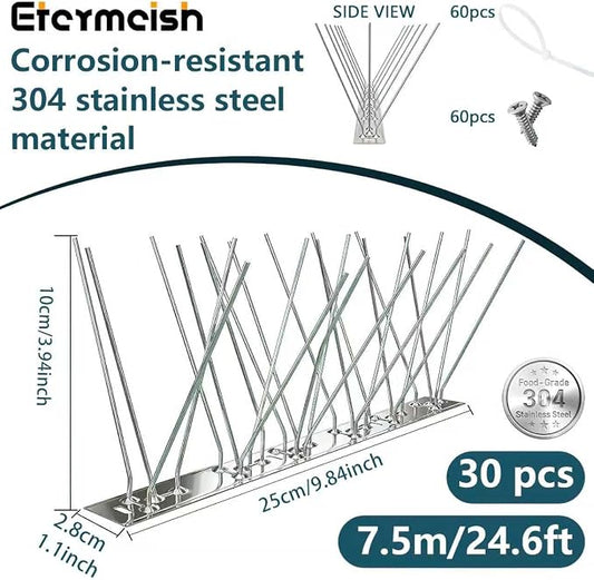 Stainless Steel Bird Spikes for Pigeons,Pre-Assembled,Anti Bird Deterrent Spikes for Woodpeckers, Squirrels, Raccoons,Weatherproof Fence Spikes for Roof, Railing,Patio, 24.6 Feet