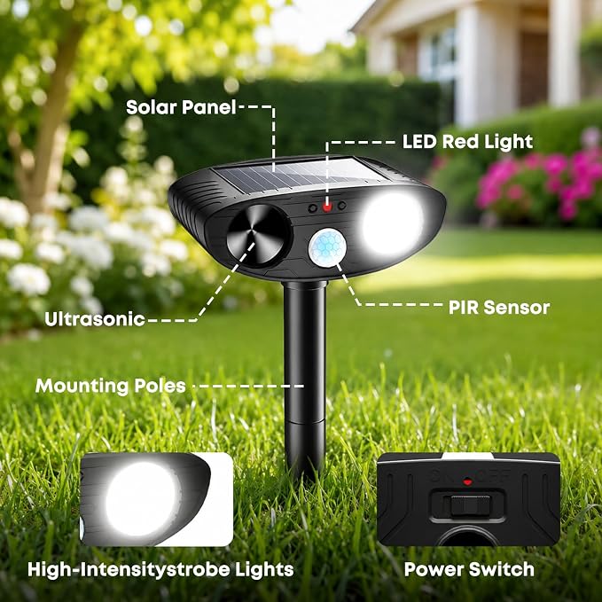 2026 Upgraded Solar Ultrasonic Animal Repeller Outdoor, Sonic Fortress Pro Deer Repellent with Motion, Waterproof,Cat Deterrent for Garden Yard, Squirrel Raccoon Skunk Rabbit Dog Bird (Black, 4)