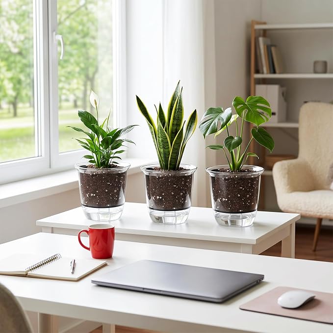 Self Watering Pots Set, 5 Pack 5 Inch Self Watering Pots for Indoor Plants, Clear Planter Pot with Deep Reservoir for Spider Plant, Orchid, African Violet (5Pcs Large)