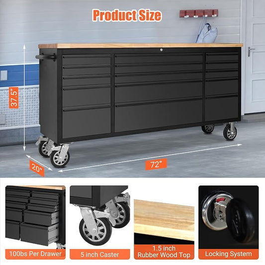 72-Inch Heavy-Duty Rolling Tool Chest & Mobile Workbench with 15 Drawers, Steel Storage Cabinet with Rubber Wood Top, Key Lock, Drawer Liners and Wheels for Garage, Workshop, Black