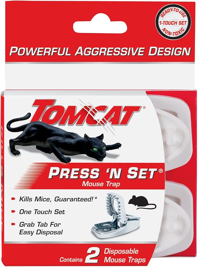 Tomcat Press 'N Set Mouse Trap, 4-Pack (8 Traps) | Plastic Spring-Loaded Mouse Killer with Grab Tab, 4 Packages Each with 2 Traps
