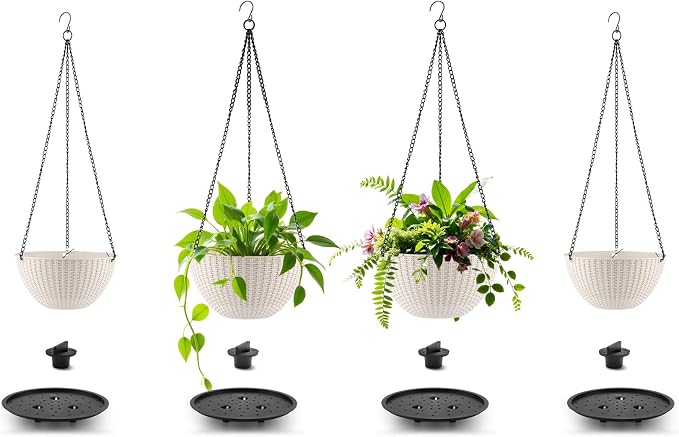 RooTrimmer Hanging Planters for Indoor Outdoor Plants 8 and 10 Inch, 4 Packs Hanging Flower Pot with Drainage Holes, Self-Watering Hanging Basket Perfect for Home, Office and Garden, White