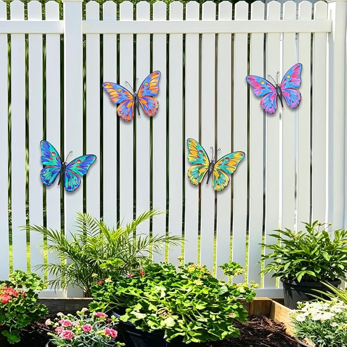 Daogtc Metal Butterfly Wall Decor - 9.6" Outdoor Fence Wall Art Decor, Hanging Decoration for Garden Yard Living Room Bedroom Patio Balcony(4 Pack) (Butterfly-G)