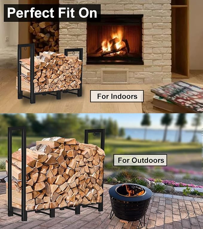 Koutemie 4Ft Outdoor Firewood Rack Holder for Fireplace Wood Storage, Adjustable Fire Log Stacker Stand, Black