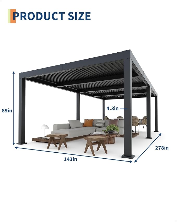 Garveelife All-Aluminum Louvered Pergola 12 ft x 24 ft, Outdoor Pergola with Adjustable Louvered Roof, Reinforced Aluminum Frame, Integrated Drainage System, Hardtop Gazebo for Patio, Deck, Gray