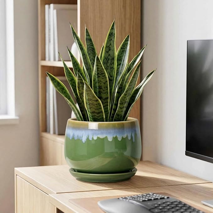 9 Inch Indoor Plant Pots - Ceramic Planters for Indoor Plants, Decorative Planter with Drainage and Saucer, Round Flower Pot, Porch Garden Office Decor, Gardening Gifts for Women, Green-Blue