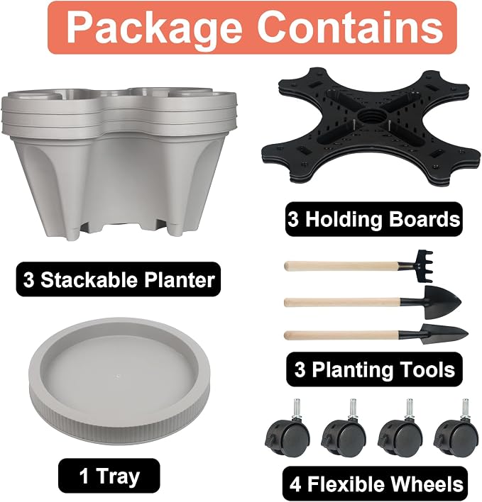 GameXcel Vertical Planter Tower - 3 Tier Stackable Garden Planters with Wheels and Tools Plant Pots for Strawberry Herb Flower and Vegetable Indoor Outdoor Use Gray