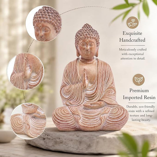 Wood Grain Buddha Statue - Wooden Shakyamuni Buddha for Indoor Home Altar, Hand Carved Wood Grain Resin Meditation Decor((Housewarming Gift/Mindfulness Aid,7.87inch)
