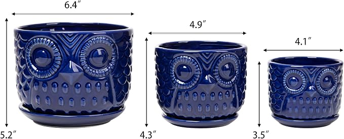 Ceramic Flower Pots, Ceramic Planters with Drainage Hole and Saucer, Modern Round Indoor Succulent Planters with Owl Design, Small to Medium-Sized, Set of 3, Navy Blue