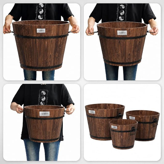 VINGLI 3 PCS Large Wooden Planter Barrel Set, 11.5"(Dia)- 18"(Dia) Real Wood Indoor/Outdoor Flower Pot w/Drainage Holes, Different Sizes, Large Garden Container Box