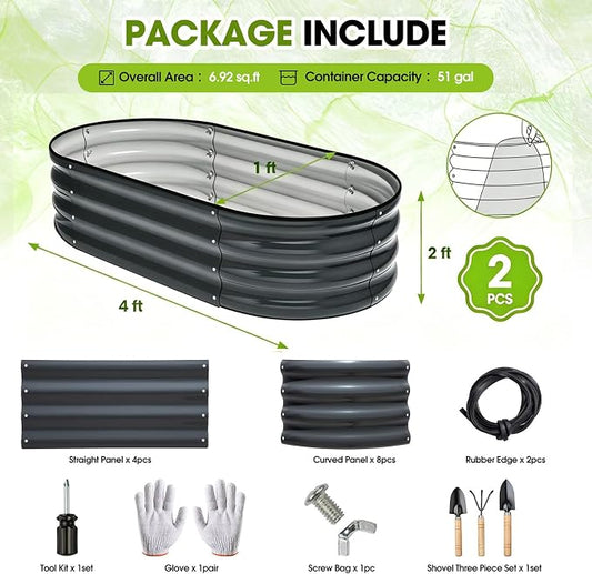 4x2x1ft(2 Pack) Galvanized Raised Garden Bed Outdoor, Oval Large Metal Planter Garden Boxes for Gardening, Planting Deep Root Vegetables, Herbs, Fruits, Flower, Rustproof, Rubber Strip, Gray