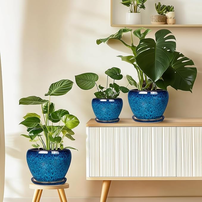 Unijoy Ceramic Plant Pots Indoor Planter - 6 8 10 inch Flower Pot Set with Drainage & Saucer - Large Outdoor Decor for Round Succulent Small Cactus Modern Style - Gift for Plant Lovers