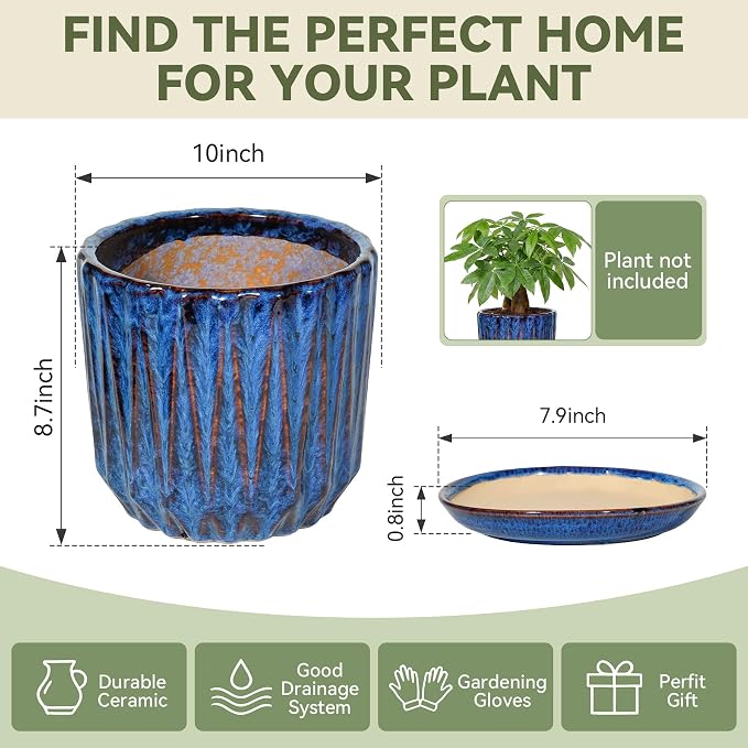 10 Inch Ceramic Planter Pot with Saucer Drainage Leak-Proof Mesh,Flower Pots for Indoor Plants with Gardening Gloves,Ceramic Planter(Peacock-Blue)