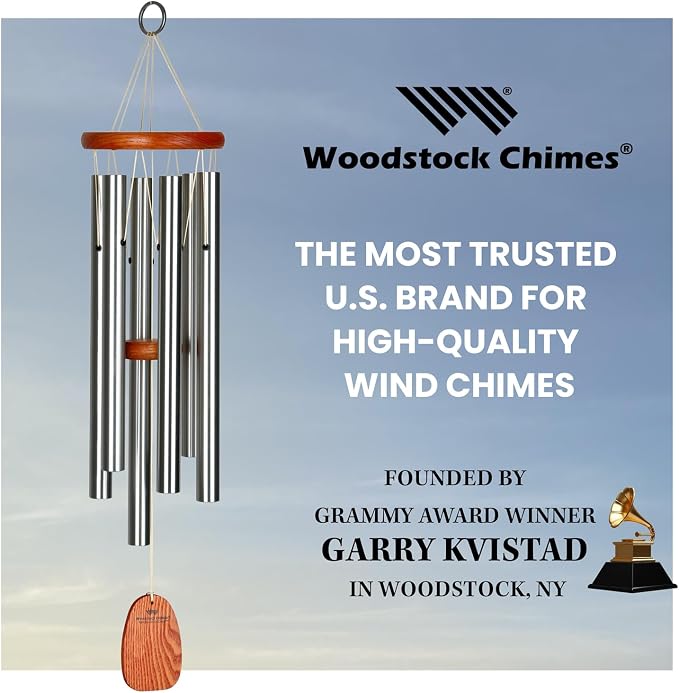 Woodstock Wind Chimes Original Amazing Grace Chime, Memorial Chimes for Outside, Outdoor Decor for Patio, Porch, Garden, Sympathy Chime, Silver, 24"