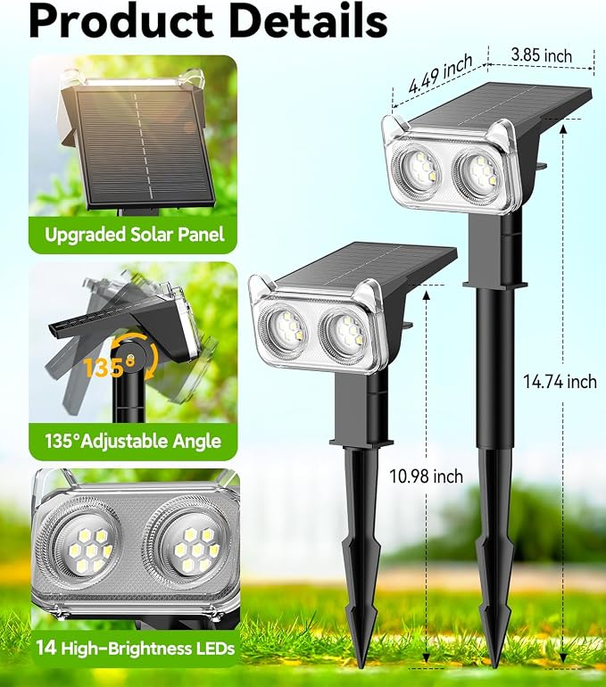 LETMY Solar Lights Outdoor Waterproof IP65, 2 Pack Solar Spot Lights Outdoor with 14 Big LEDs, 2-in-1 Wall Lights & 2 Modes Solar Landscape Spotlights for Pathway Yard Decor Garden Gifts (Warm White)