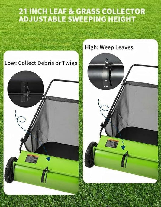 GarveeLife 21 Inch Push Lawn Sweeper with 4 Spinning Brushes, 3.5 Cu.ft Large Capacity Leaf Collector, Adjustable Height Grass Sweeper, All Terrain Lawn Leaf Debris Removal Tool for Yard Garden Patio