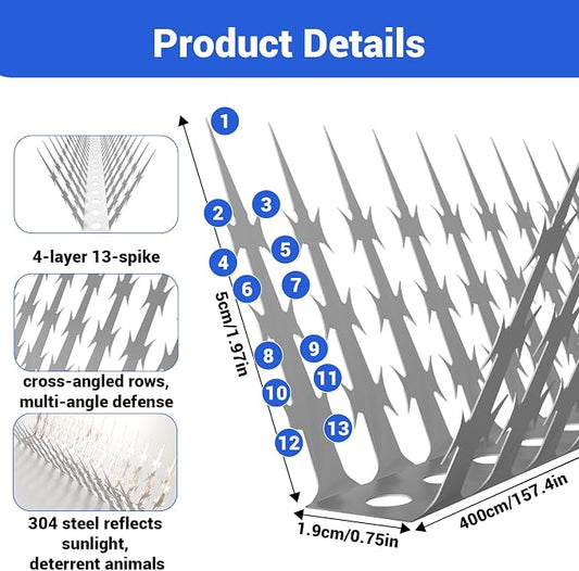 Bird Spikes Squirrel Proof Baffle for Bird Feeders, 160 Inch Avoid Climb Spikes for Outside, Fence, Wall, Tree, Drainpipes, Deterrent Spikes for Squirrel, Pigeons, Raccoon, Cat, Stainless Steel Spikes