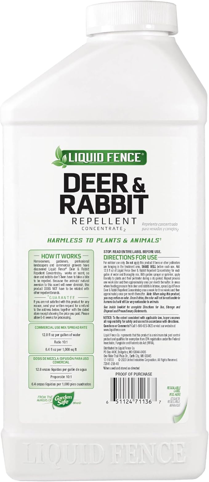 Liquid Fence Deer And Rabbit Repellent Concentrate 40 Ounces, Apply Year-Round