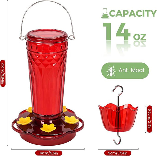 Hummingbird Feeder-14 Ounces,5 Feeding Ports Glass Hummingbird feeders for Outdoors,Wide Mouth for Easy Filling/Cleaning,Hanging for Garden Backyard Decor, Includes Ant Moat (Red,1Pack)