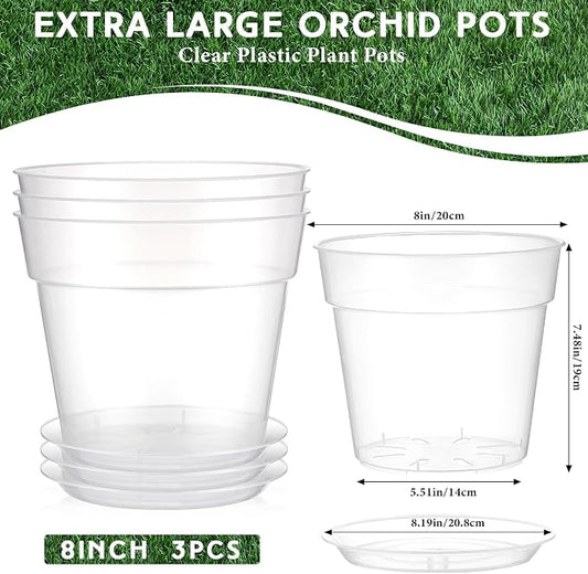 Baderke 3 Pack Clear Nursery Pot Plastic Nursery Pot Large Plant with Drainage Holes for Root Health Indoor Outdoor (8 Inches)