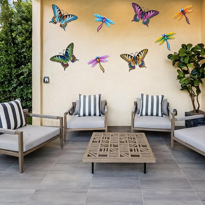 DEWEL 8 Pcs Metal Butterfly Dragonfly Wall Decor, Garden Decor for Outside Wall Art, Colorful Hanging Decorations Outdoor Wall Decor for Garden Fence Patio Yard, Great Gift Choice