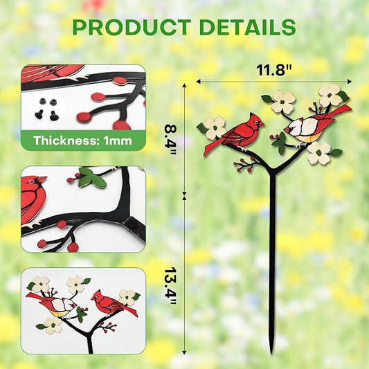 Cardinal Garden Stakes Bird Decor | For Gardens Patios Gravesides 1mm Hardened Steel Rustproof Easy Assembly