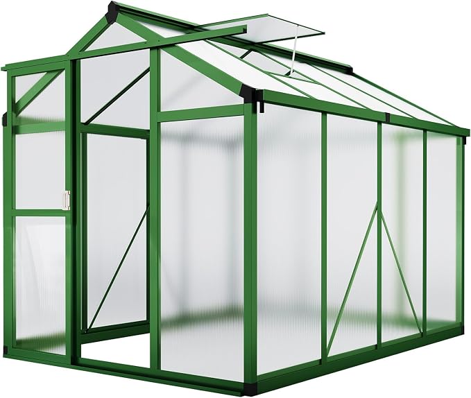 6x8 FT Greenhouse - Large Aluminum Greenhouses for Outdoors | Walk-in Polycarbonate Greenhouse with Roof Vent & Ground Nails, Heavy Duty Green Houses for Garden, Backyard, Patio