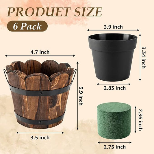 Max Shape Whiskey Barrel Planter, Rustic Wood Plant Pots with Removable Plastic Liner & Floral Foam, Planters for Wedding Table Centerpiece, Farmhouse Home Garden Kitchen Party 4.7x3.5x3.9 (6 Pack)